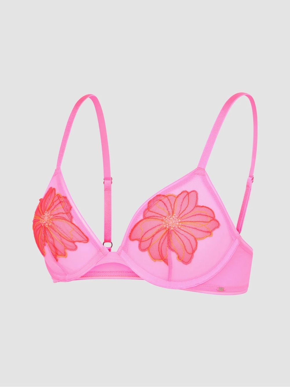 Savage X Fenty Pink Mesh Bra with Orange Floral Appliqué